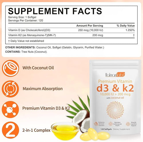 2 Bag Vitamin D3 K2 Supplement Softgel, Vitamin D3 K2 Softgel with 10000 IU Supports Immune, Heart, Teeth & Bone Health, Free of GMO, Gluten, Soy