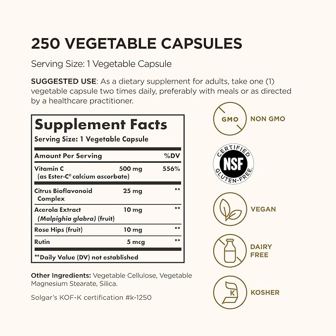 Solgar Ester-C Plus 500 mg Vitamin C (Ascorbate Complex),250 Vegetable Capsules - Gentle & Non Acidic - Antioxidant & Immune Support - Non GMO,Vegan,Gluten Free,Kosher - 250 Servings,(Pack of 2)