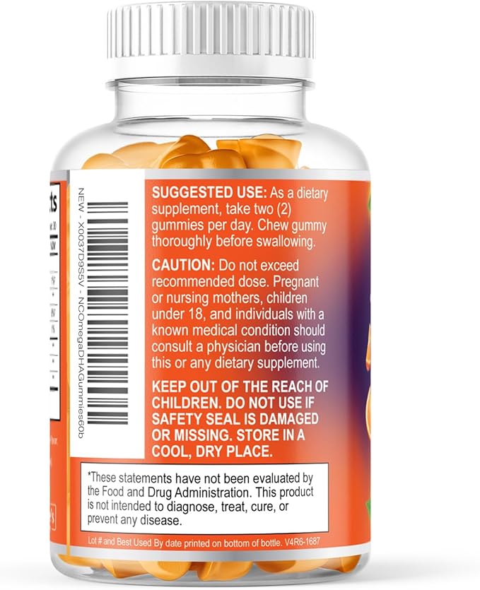Omega 3 Fish Oil Gummies - Triple Strength Omega3 Gummy - DHA & EPA Fatty Acids for Heart Health, Joint & Brain Support, Nature's High Absorption Omega Fish Oil Supplement, Orange Flavor- 60 Gummies
