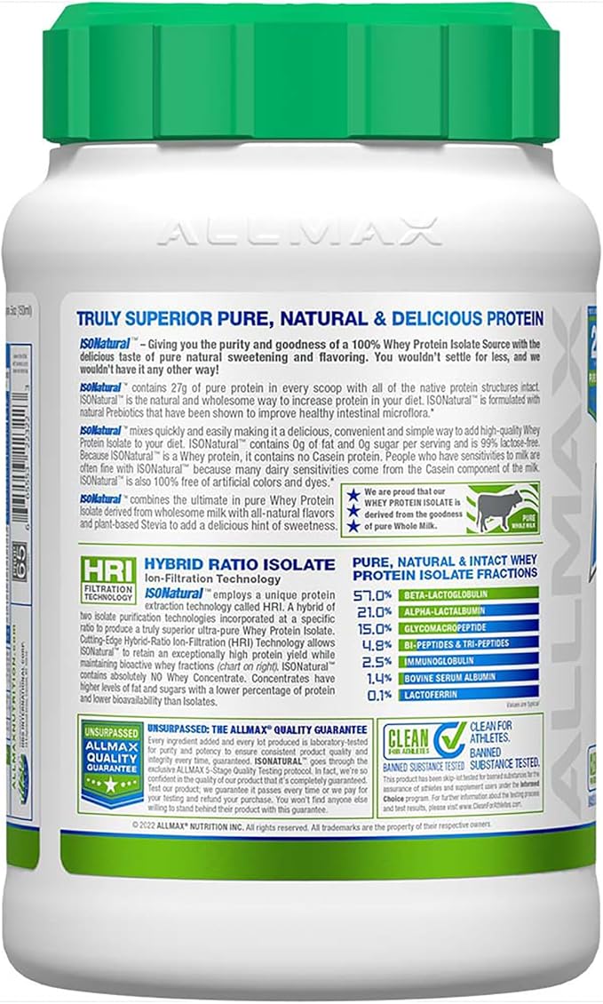 ALLMAX ISONATURAL Whey Protein Isolate, Vanilla - 2 lb - 27 Grams of Protein Per Scoop - Zero Fat & Sugar - 99% Lactose Free - with Prebiotics - No Artificial Flavors - Approx. 29 Servings