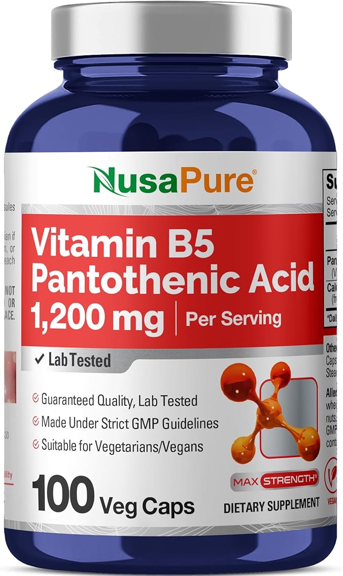 NusaPure Vitamin B5 Pantothenic Acid 1,200mg Per Serving 100 Caps Vegetarians Vegans, Non-GMO Dietary Supplement
