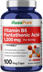 NusaPure Vitamin B5 Pantothenic Acid 1,200mg Per Serving 100 Caps Vegetarians Vegans, Non-GMO Dietary Supplement