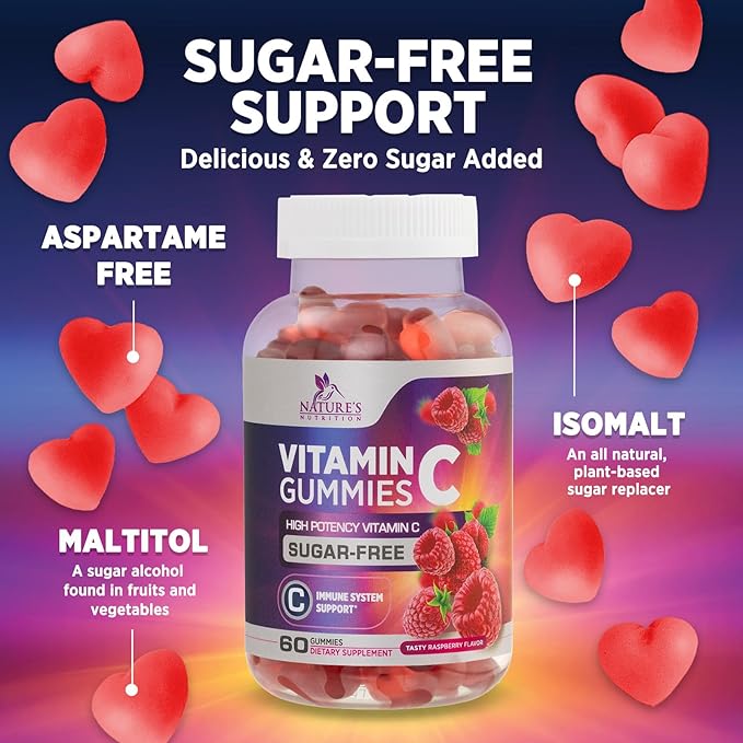 Vitamin C Gummies - 100% of Daily Vitamin C & Sugar Free - Immune Support with Powerful Antioxidants - Nature's Vegan VitaminC Dietary Supplement - Raspberry Flavor for Kids & Adults - 60 Gummies