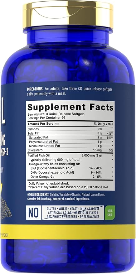 Carlyle Fish Oil 3000mg | 900mg Omega 3 | 200 Softgels | Lemon Flavor | Non-GMO and Gluten Free Supplement