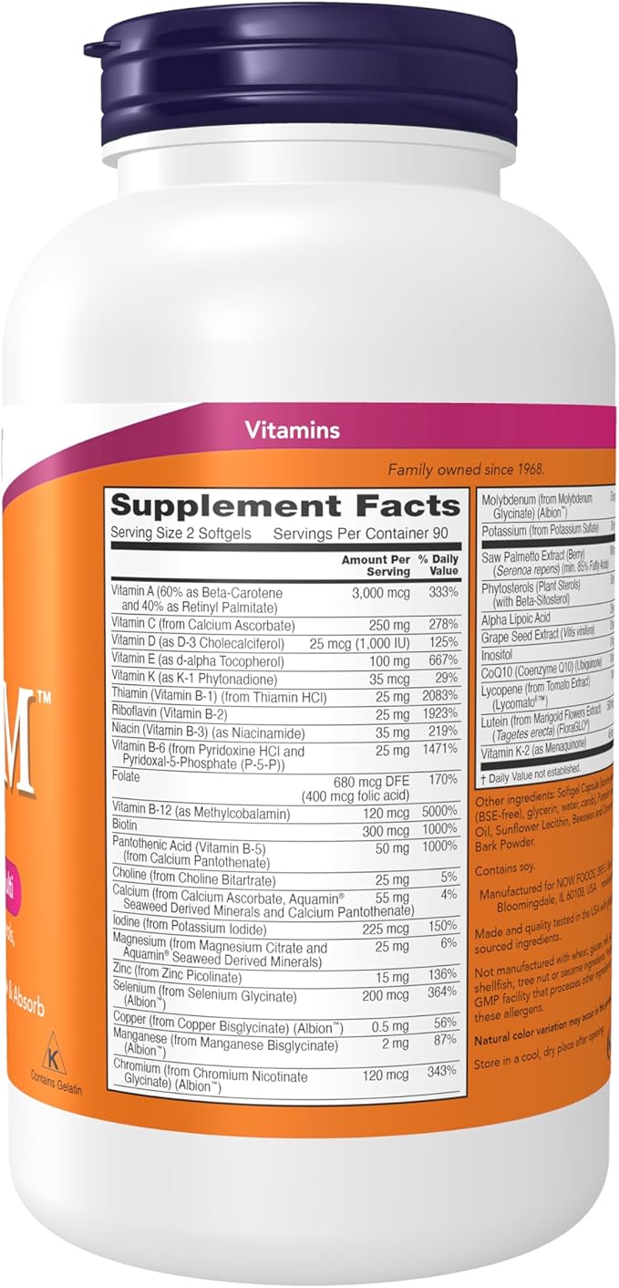 NOW Foods Supplements, ADAM™ Men's Multivitamin with Saw Palmetto, Plant Sterols, Lycopene & CoQ10, 180 Softgels