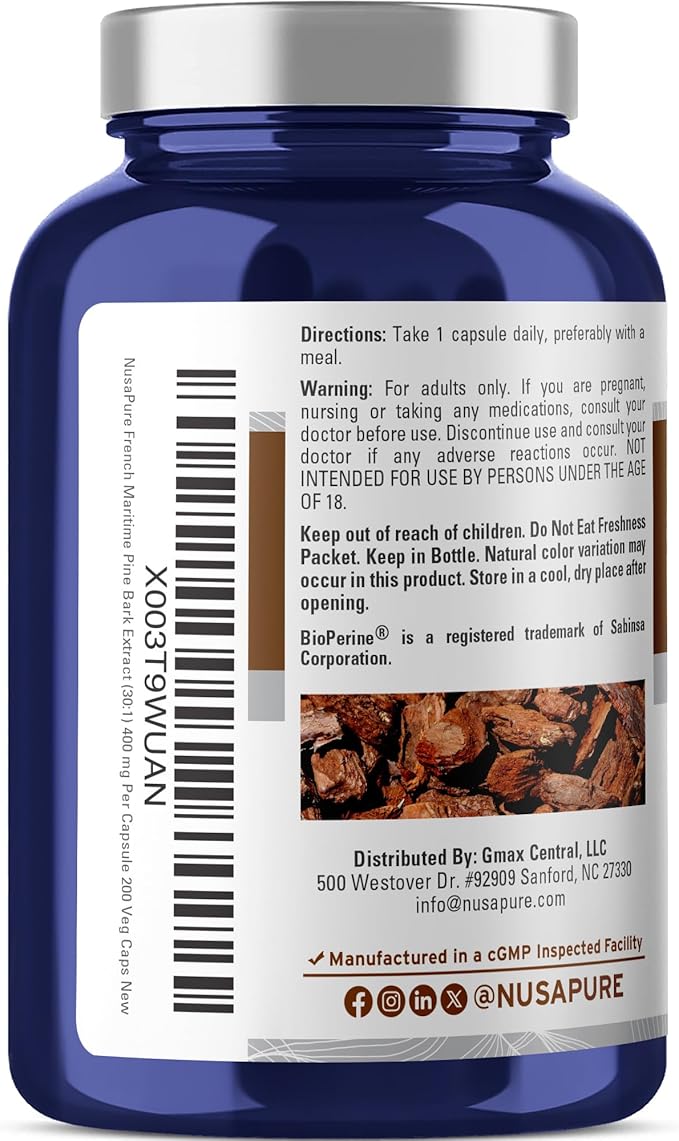 NusaPure French Maritime Pine Bark Capsules, 400 mg, 200 Veg Capsules (Non-GMO, Vegan)