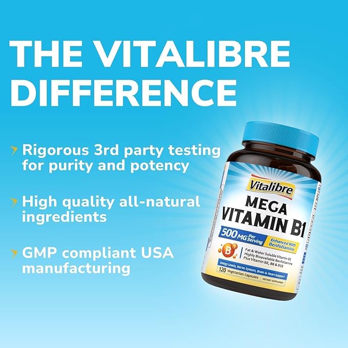 Vitamin B1 500 MG, with Vitamin B12, B6, B2, B1 Vitamin B Complex, Vegan, 120 Capsules