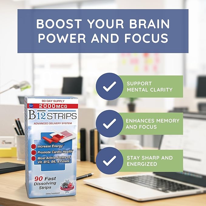 Essential Source 2,000 mcg Methylcobalamin Vitamin B12 Sublingual Energy Strips | Biotin, B6, 5-MTHF L-Methylfolate | Sublingual B12 Vitamins, Folate | Energy, Brain Health, Nerve Function - 90 Strips