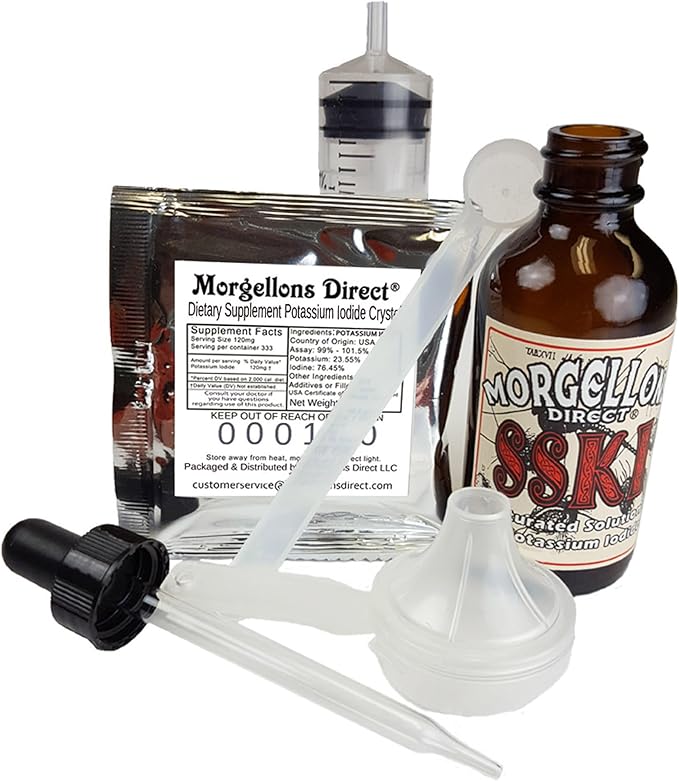 SSKI Iodine Potassium Iodide Solutions Mixing Kit Includes Necessary Tools and pre-Measured Dietary Supplement Potassium Iodide Crystals. Just add Distilled Water.