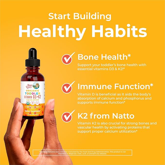 MARYRUTH'S Organics Vitamin D3 | Vitamin K2 | Vitamin D3 K2 Drops | K2 D3 Vitamin Liquid Supplement for Toddlers | Kids Supplement for Calcium Absorption Strong Bones | Vegan | Gluten Free | 1 Fl Oz