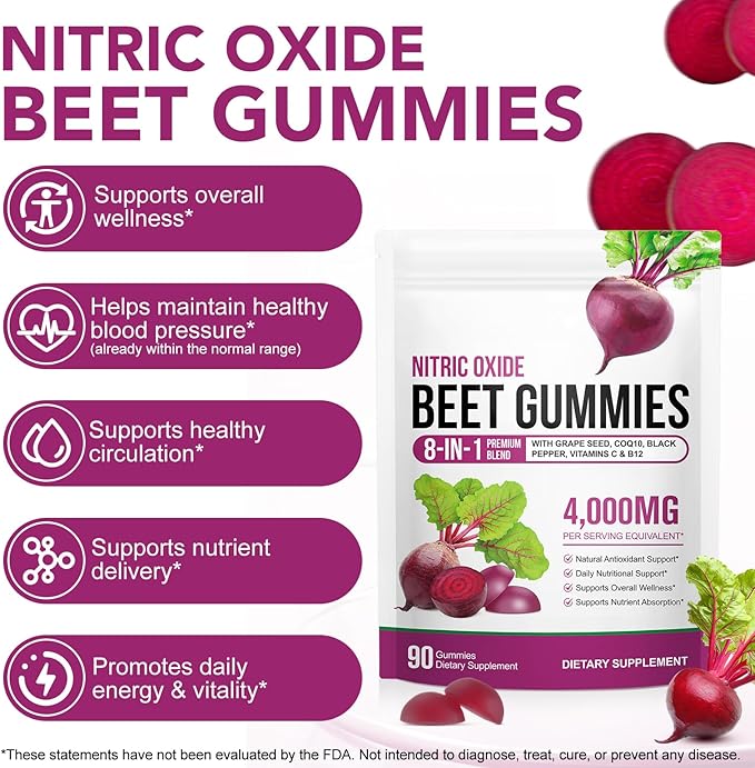 Beetroot Gummies, 90 Gummies 20:1 High-concentration Beetroot Extract Supplement with COQ10, Vitamin C, B12, Grape Seed Extract & Black Pepper, Boost Energy Levels, Supports Immune & Heart Health