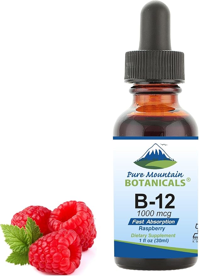 Pure Mountain Botanicals B12 Vitamin 1000 mcg – Kosher Liquid B12 Drops with Natural Berry Flavor