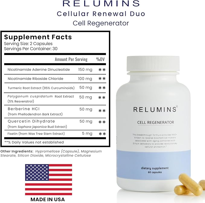 Relumins Cellular Renewal Duo – Advanced Cell Regenerator + Age Defense Complex – NAD+ & Energy Support with Resveratrol, CoQ10 & Glutathione – Two-Step Daily Wellness System