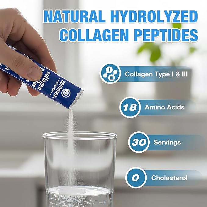 Premium Collagen Peptides Powder, 30 Sticks Travel Packets(Type I, III), Unflavored Collagen Protein Powder to Go, Hydrolyzed Collagen Peptides for Skin Hair Nail Joint, 10g per Serving, Paleo & Keto