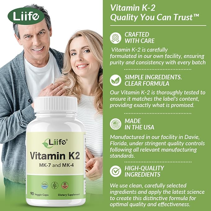 LIIFE Vitamin K2 600mcg Supplement with MK-7 100mcg & MK-4 500mcg,90 Vegetable Capsules for Bone & Cardiovascular Health | Non-GMO & Gluten Free
