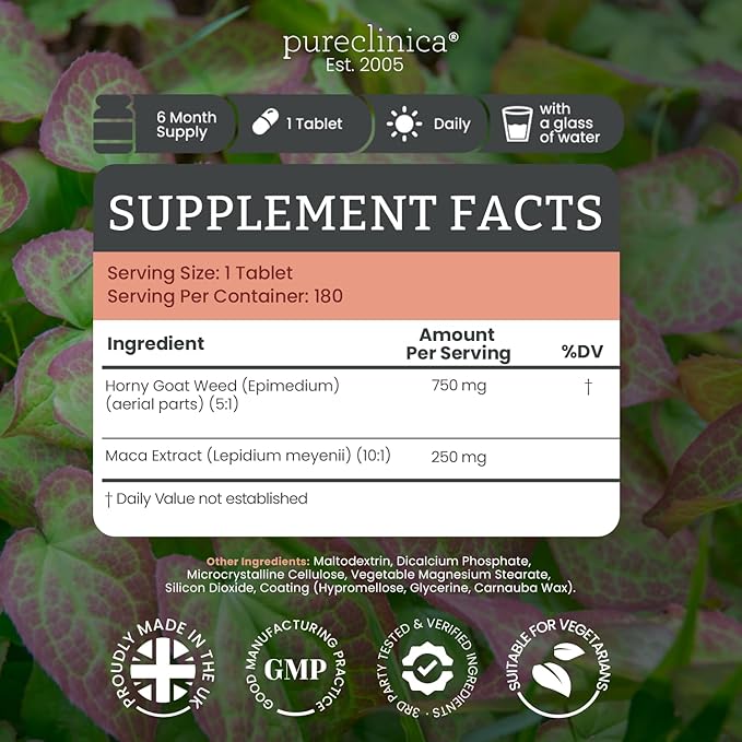 pureclinica Horny Goat Weed Extract with Maca – 750mg (5:1) & 250mg (10:1) per Tablet – 360 Tablets (2 Bottles) – High Strength – 12 Month Supply