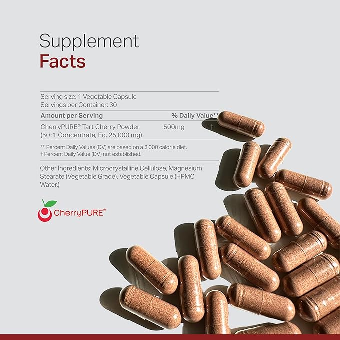 Montmorency Tart Cherry, Non GMO, Capsules - CherryPure 50:1 Concentrate eq. 25,000 mg - Antioxidants & Flavonoids, Tart Cherry Extract for Gout & Muscles - 30 Veggie Capsules - 1 Month Supply