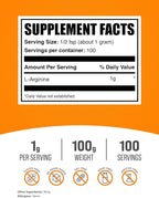 BulkSupplements.com L-Arginine Powder - L-Arginine Base, Arginine 1000mg, Arginine Supplement - Nitric Oxide Powder, Nitrous Oxide Supplement - Gluten Free, 1000mg per Serving, 100g (3.5 oz)
