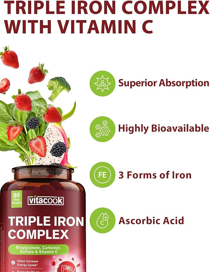 Iron Supplement for Women & Men, 3-in-1 65mg Iron Pills, Bisglycinate, Sulfate, Carbonyl Iron with Vitamin C, Enhanced Absorption, Energy, Red Blood Cell Support, Gentle, 60 Tablets