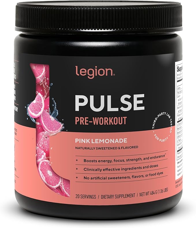 LEGION Pulse Pre Workout - All Natural Nitric Oxide Preworkout Drink to Boost Energy, Creatine Free, Naturally Sweetened, Beta Alanine, Citrulline, Alpha GPC (Pink Lemonade)