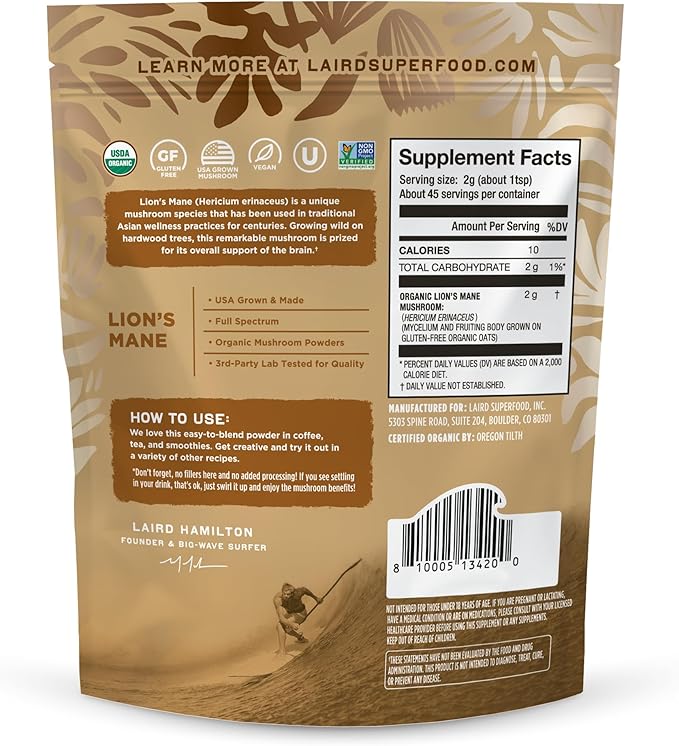 Laird Superfood Organic Lions Mane Mushroom Powder for Cognitive Function and Immune Support, 3.17 oz. Bag, Pack of 1