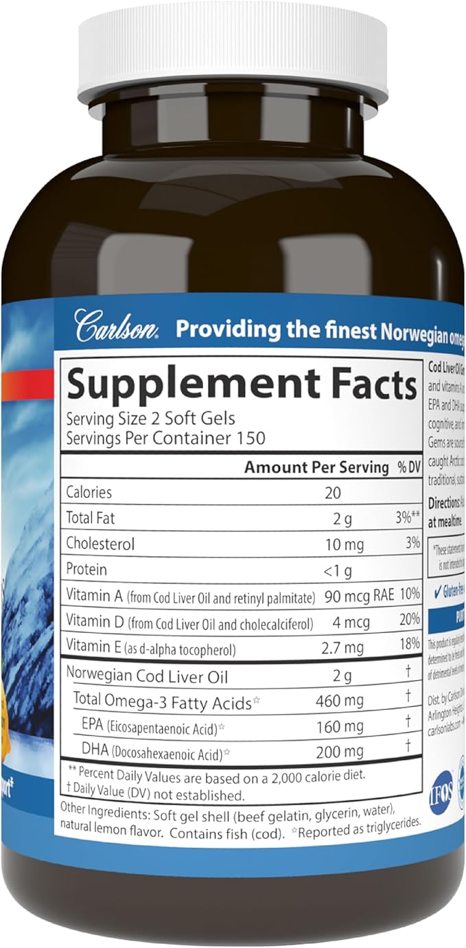 Carlson - Cod Liver Oil, 460 mg Omega-3s + Vitamins A & D3, Wild-Caught Norwegian Arctic Cod-Liver Oil, Sustainably Sourced Nordic Fish Oil Capsules, Lemon, 300 Softgels
