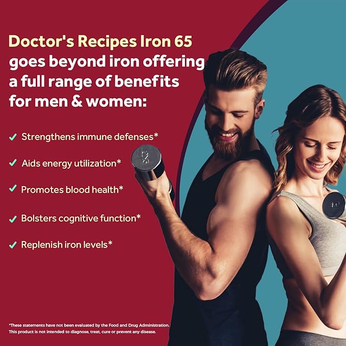 Doctor's Recipes Iron Supplement 65 mg with Vitamin C - Maximized Absorption & Stomach Friendly Iron Pills for Red Blood Cells Formation, Heart, Brain & Immunity Health - Vegan Non-GMO 180 Iron Tabs