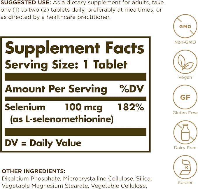 Solgar Yeast-Free Selenium 100 mcg - 100 Tablets - Supports Antioxidant & Immune System Health - Non-GMO, Gluten Free, Dairy Free, Kosher - 100 Servings