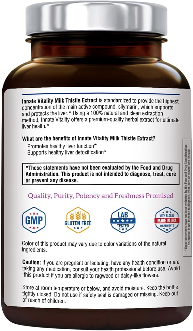 Innate Vitality Organic Milk Thistle Supplement, 300mg Extract, 80% Silymarin Flavonoids, Liver Health, Detox & Cleansing, Made in USA, Non-GMO, 120 Veggie Capsules