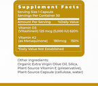 Premier Research Labs: Vitamin D3 + K2 Supplements - for Bone Support and Promotes Heart Health, Gluten-Free - 5000 IU Vegan Supplements - Tested Quality | 30 Plant-Source Based Capsules