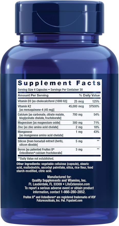 Life Extension Bone Restore Elite Calcium Supplement with Super Potent K2, Calcium, Vitamin D3, Magnesium, Boron, zinc, Vitamin K2, for Bone Health, Gluten-Free, Non-GMO, 120 Capsules