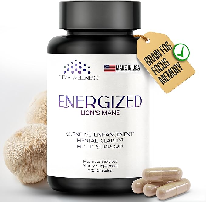 Energized Lions Mane Supplement Capsules (120ct),Brain Supplements for Memory and Focus, Nootropic for Brain Fog Relief Made in USA,30% Polysaccharides,Natural Brain Health Support