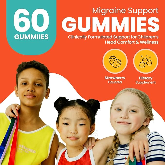 Kids Migraine Gummies – Original Triple Protocol Formula, 60 Gummies with Magnesium, Riboflavin B2 & Feverfew – Natural Brain Health Supplement for Migraine Wellness Support for Children