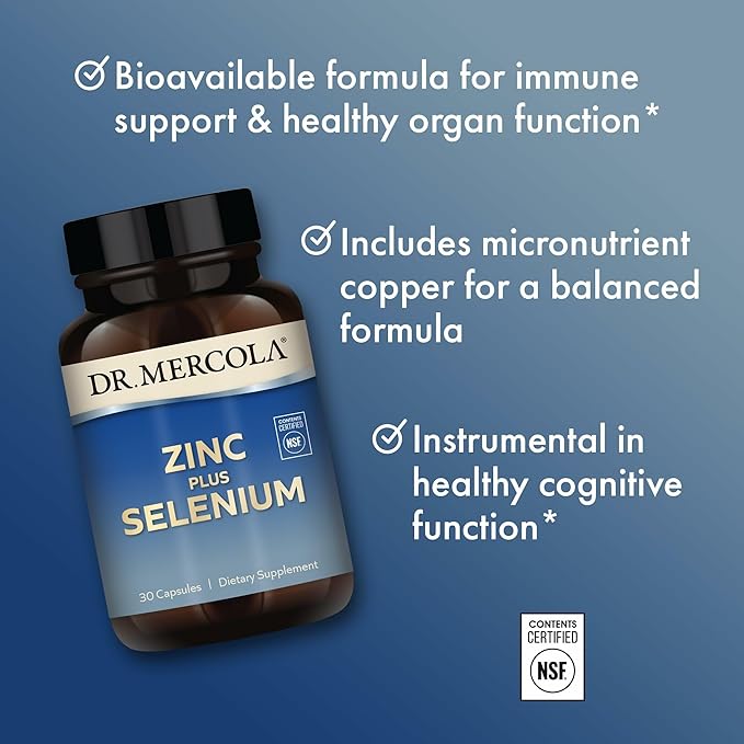 Dr. Mercola Zinc Plus Selenium - Mineral Blend Supplement - for Immune, Brain & Respiratory Support - Contains Zinc Glycinate Chelate & Copper - GMO-Free & Gluten-Free - 30 Capsules (30 Servings)