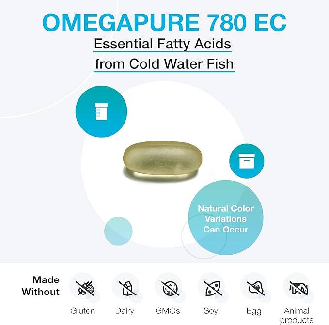 XYMOGEN OmegaPure 780 EC - Cardiovascular & Brain Support - IFOS Five-Star Certified Fish Oil - DHA EPA Omega-3 Supplement - Enteric Coated Softgels - 120 Softgel Tablets
