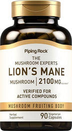 Piping Rock Lions Mane Supplement Capsules | 90 Count | with Black Pepper | Mushroom Fruiting Body Extract | Hericium Erinaceus | Vegetarian, Non-GMO, Gluten Free