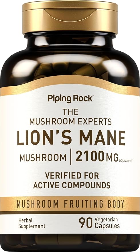 Piping Rock Lions Mane Supplement Capsules | 90 Count | with Black Pepper | Mushroom Fruiting Body Extract | Hericium Erinaceus | Vegetarian, Non-GMO, Gluten Free