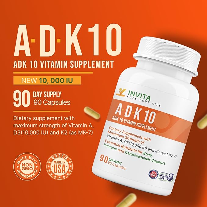 INVITA, ADK 10 Vitamin Supplement – 90 Capsules – High Potency of Vitamin A, D3 10,000 IU & K2-MK7 – Physician Formulated ADK for Bone, Heart & Immune Support – Non-GMO, Gluten Free (3-Month Supply)