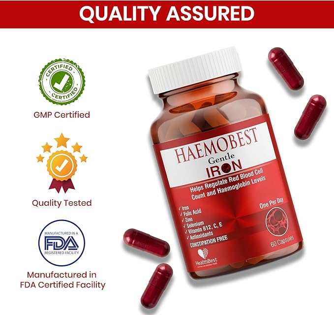HealthBest High Potency Gentle Iron Capsules 19mg |Slow Release Iron for Faster Absorption, Non-Constipating| Vitamin C, B12, Folate Zinc & Selenium for Anemia, Hemoglobin & Immune Support |60 Count