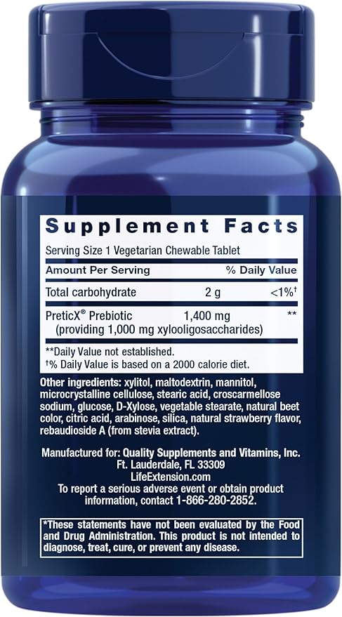 Life Extension FLORASSIST® Prebiotic Chewable (Strawberry), 1000 mg xylooligosaccharides, prebiotic Supplement Provides Fuel for Gut Flora, Gluten-Free, Non-GMO, Vegetarian, 60 chewable Tablets