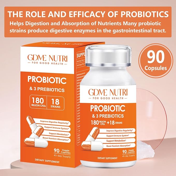 Probiotic Capsules, 90 Capsules 180 Billion CFU 18 Strains, Contains 3 Prebiotics, for Men & Women, Once Daily Probiotic Dietary Supplement, Boosts Digestive and Immune Health