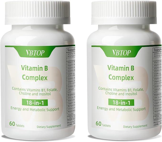 2 Bottles Vitamin B Complex with Vitamins B1, B2, B3, B5, B6, B12, Folic Acid, Choline, Zinc, Calcium, Inositol for Brain and Heart Support, Immunity, and Cellular Energy, 120 Tablets