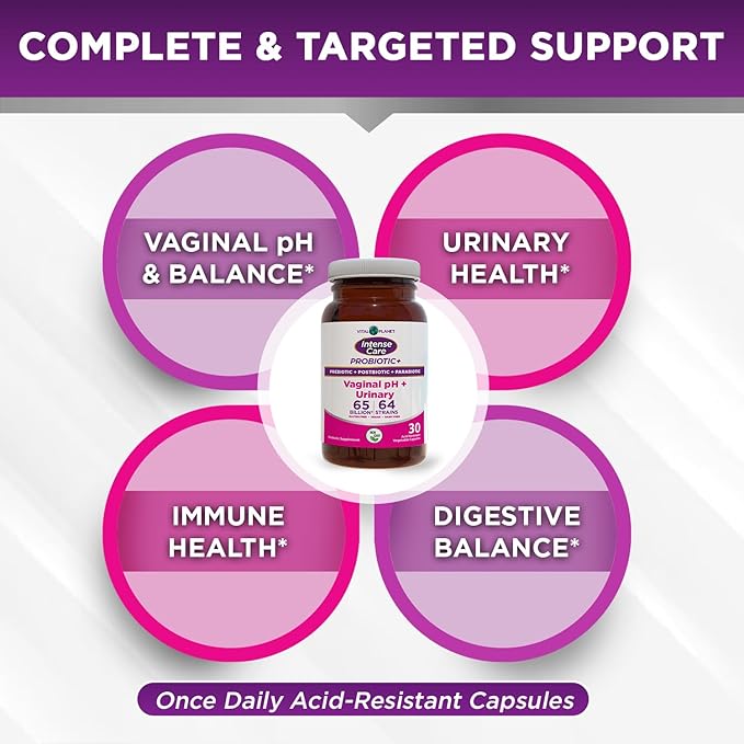 Vital Planet - Intense Care Vaginal pH & Urinary Probiotics, Prebiotics, Postbiotics, Parabiotics, 4-in-1 Refrigerated Supplement for Adults, 65 Billion CFU, 64 Strains, Digestive and Immune, 30 ct