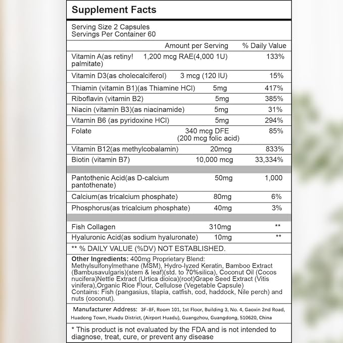 ZYXN Biotin | Collagen | Hyaluronic Acid Supplement, Clinically Proven Hair Growth Support, Skin and Nails, 25000 mcg Vitamins B2, B3, B6 & B7 + B1 & Keratin Women & Men （120 Capsules）