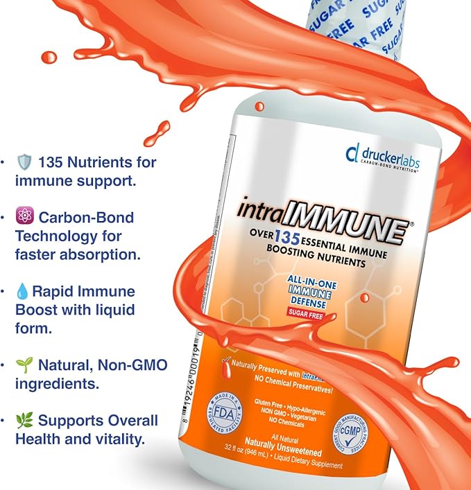 Drucker Labs -intraIMMUNE Organic Liquid Daily Immune & Defense Support, Multivitamin, Elderberry, Echinacea, Zinc, Vitamin D, C E, Vegan, Non GMO, Gluten Free (32 oz., Sugar Free Peach Berry)
