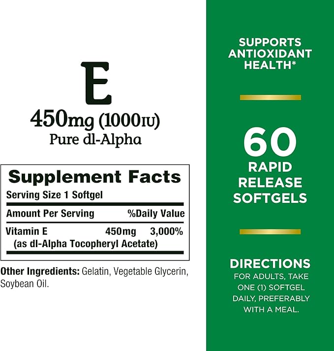 Nature's Bounty Vitamin E 1000 IU Softgels, Supports Antioxidant Health & Immune System, 1 Serving per Day, No Gluten, 60 Softgels (Pack of 3)