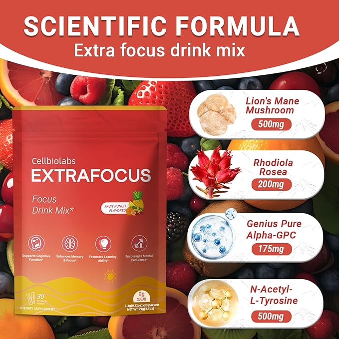 Nootropic Extra Focus Drink Mix, 30 Packs On-The-Go Sticks, Featuring Alpha-GPC, Lion's Mane & Rhodiola, Sugar-Free Packets Fruit Punch Clean Drink Mix