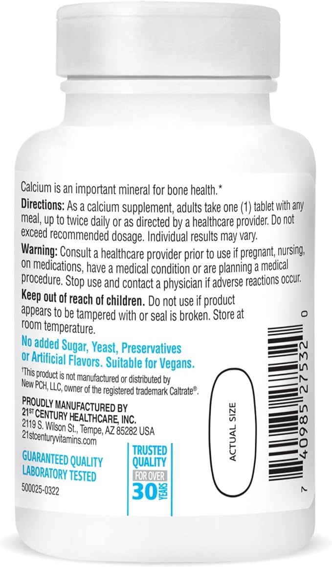 21st Century Calcium 600 mg Supplement (75 Tablets), Vegan-Friendly Bone Strength Calcium Supplement, Non-GMO & Gluten-Free Calcium Carbonate, No Artificial Flavors, Suitable for Men & Women