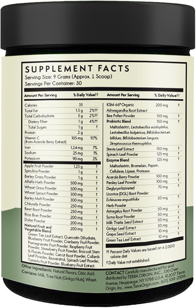 TERRA ORIGIN Healthy Superfood Greens Powder Drink with Probiotics & Ashwagandha | Adaptogen & Digestive Enzyme Fruit and Veggie Blend | for Gut Health, Energy, Immune Support* | 30 Servings | Mint