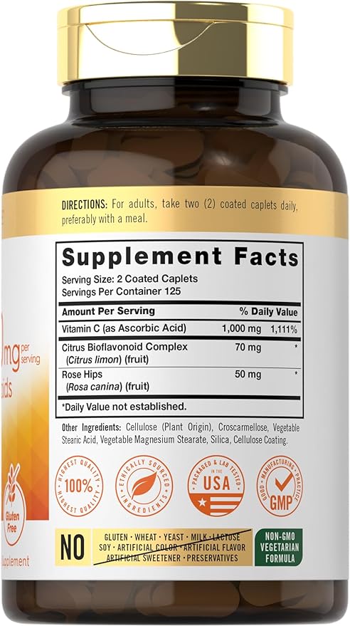 Carlyle Vitamin C 1000mg | with Rose Hips and Citrus Bioflavonoids | 250 Caplets | Vegetarian, Non-GMO, Gluten Free Supplement